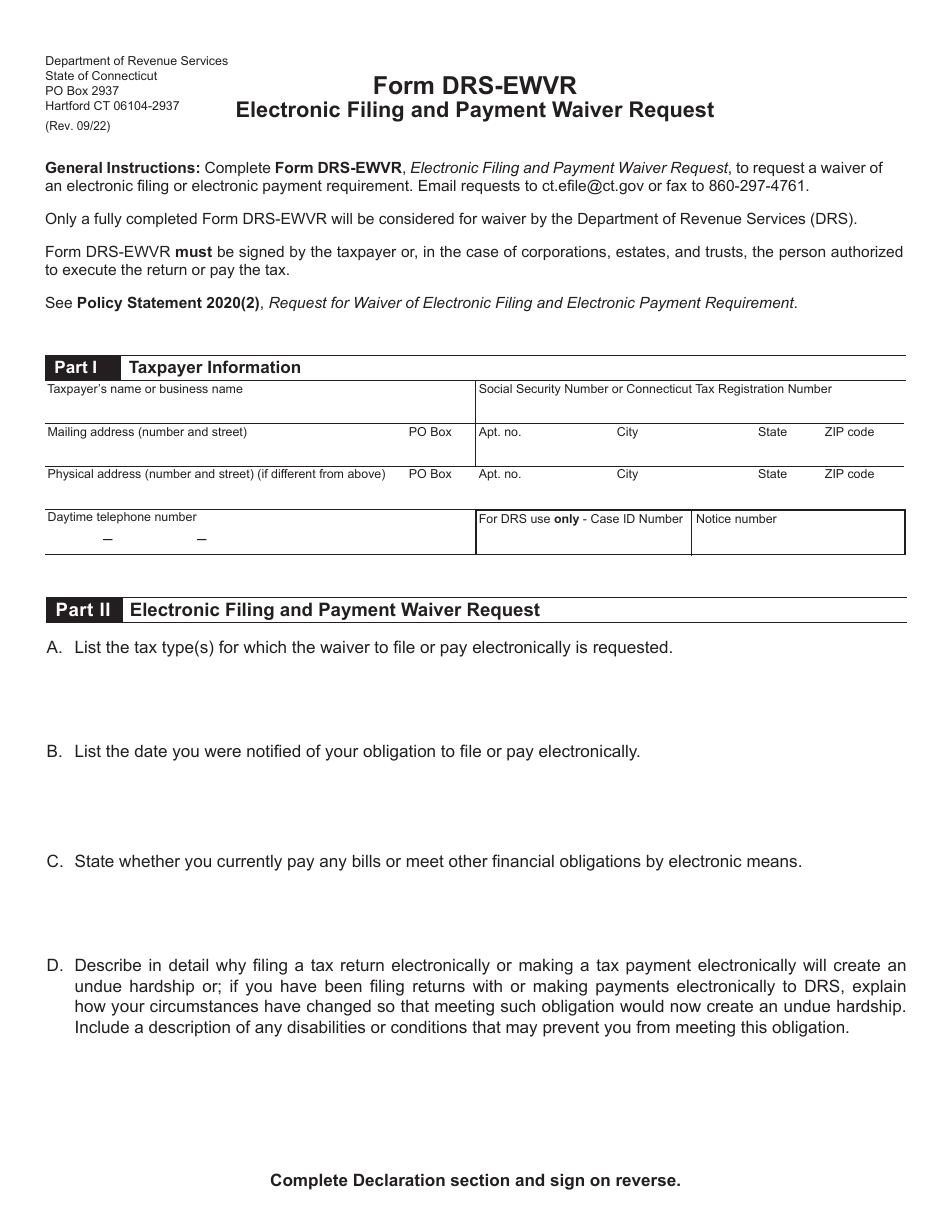 Form DRS-EWVR Electronic Filing and Payment Waiver Request - Connecticut, Page 1