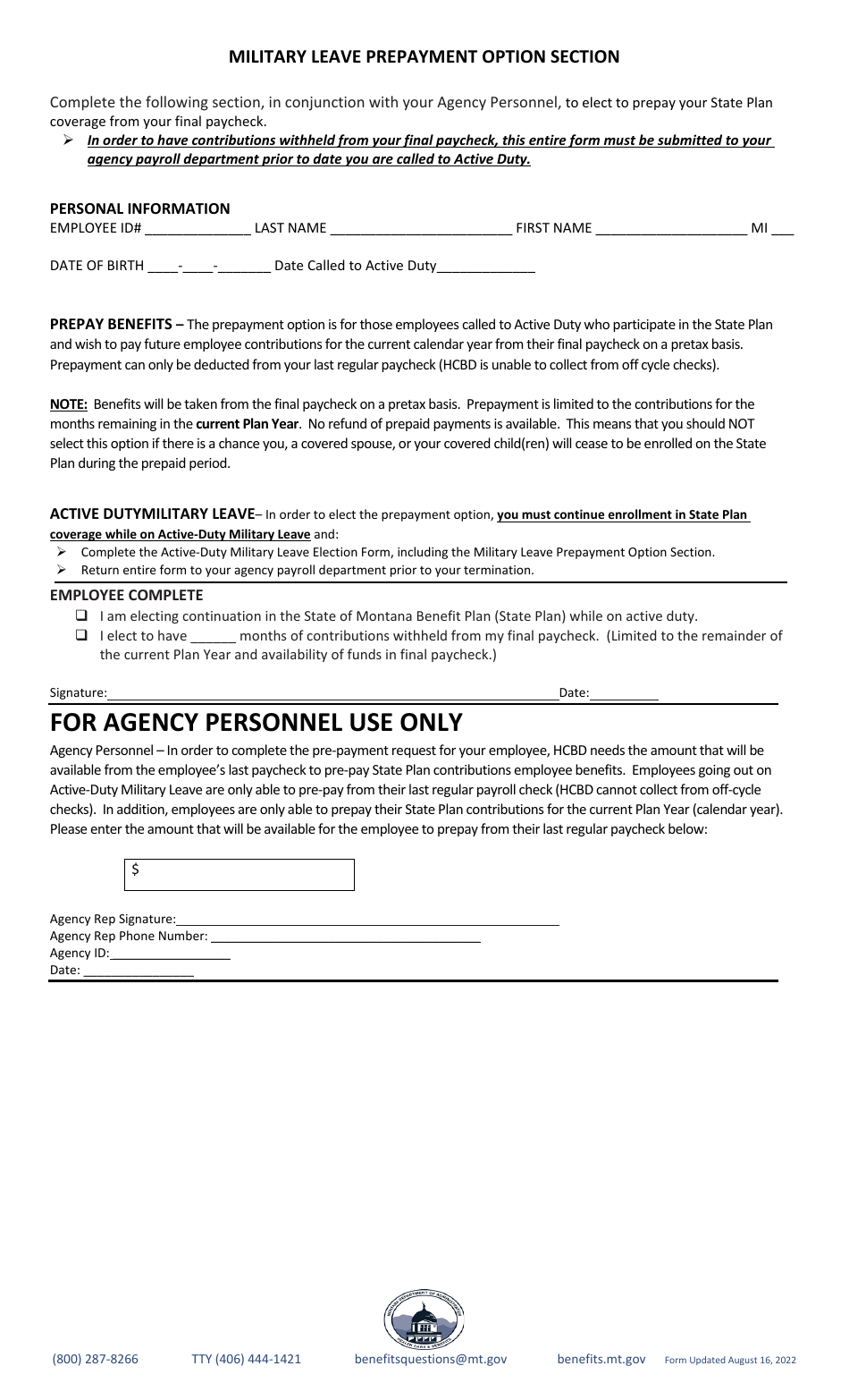 Active Duty Military Leave Election Form - Montana, Page 3