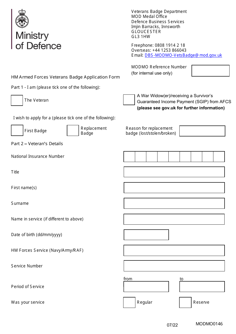 MOD Form MO0146 HM Armed Forces Veterans Badge Application Form - United Kingdom, Page 3