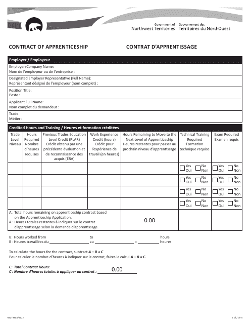 Form NWT9308 Contract of Apprenticeship - Northwest Territories, Canada (English/French)