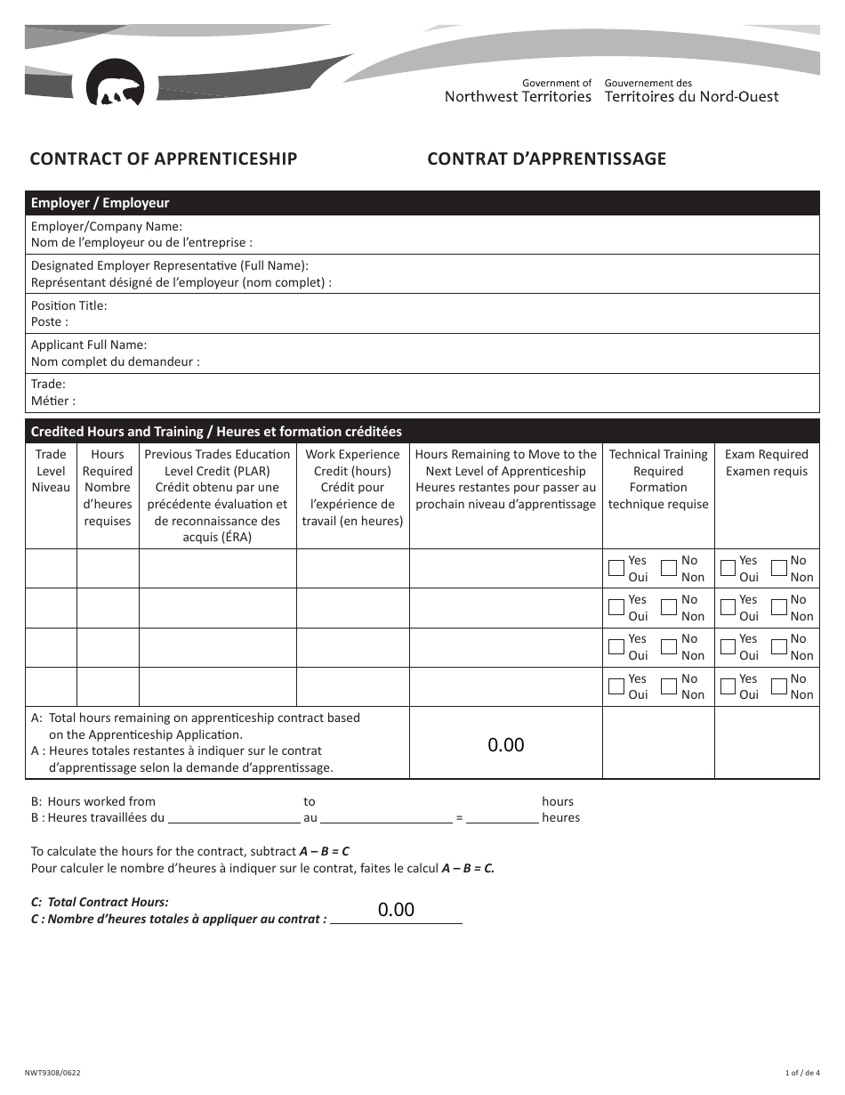 Form NWT9308 Contract of Apprenticeship - Northwest Territories, Canada (English / French), Page 1