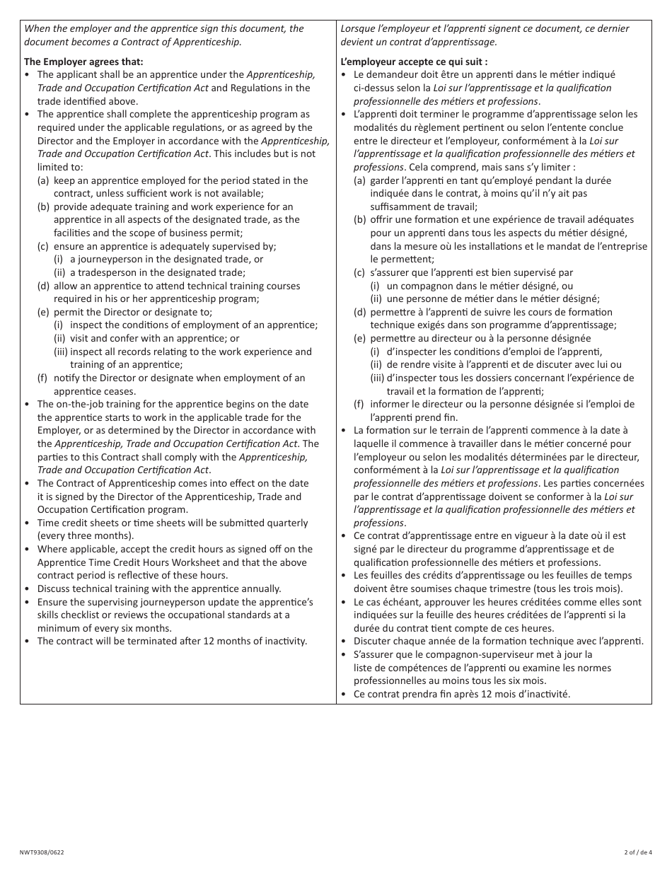 Form NWT9308 Contract of Apprenticeship - Northwest Territories, Canada (English / French), Page 2