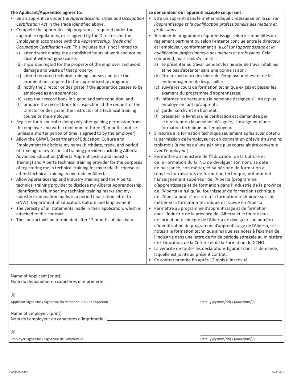 Form NWT9308 Contract of Apprenticeship - Northwest Territories, Canada (English / French), Page 3