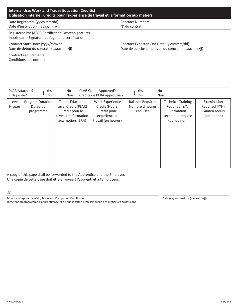 Form NWT9308 Contract of Apprenticeship - Northwest Territories, Canada (English / French), Page 4