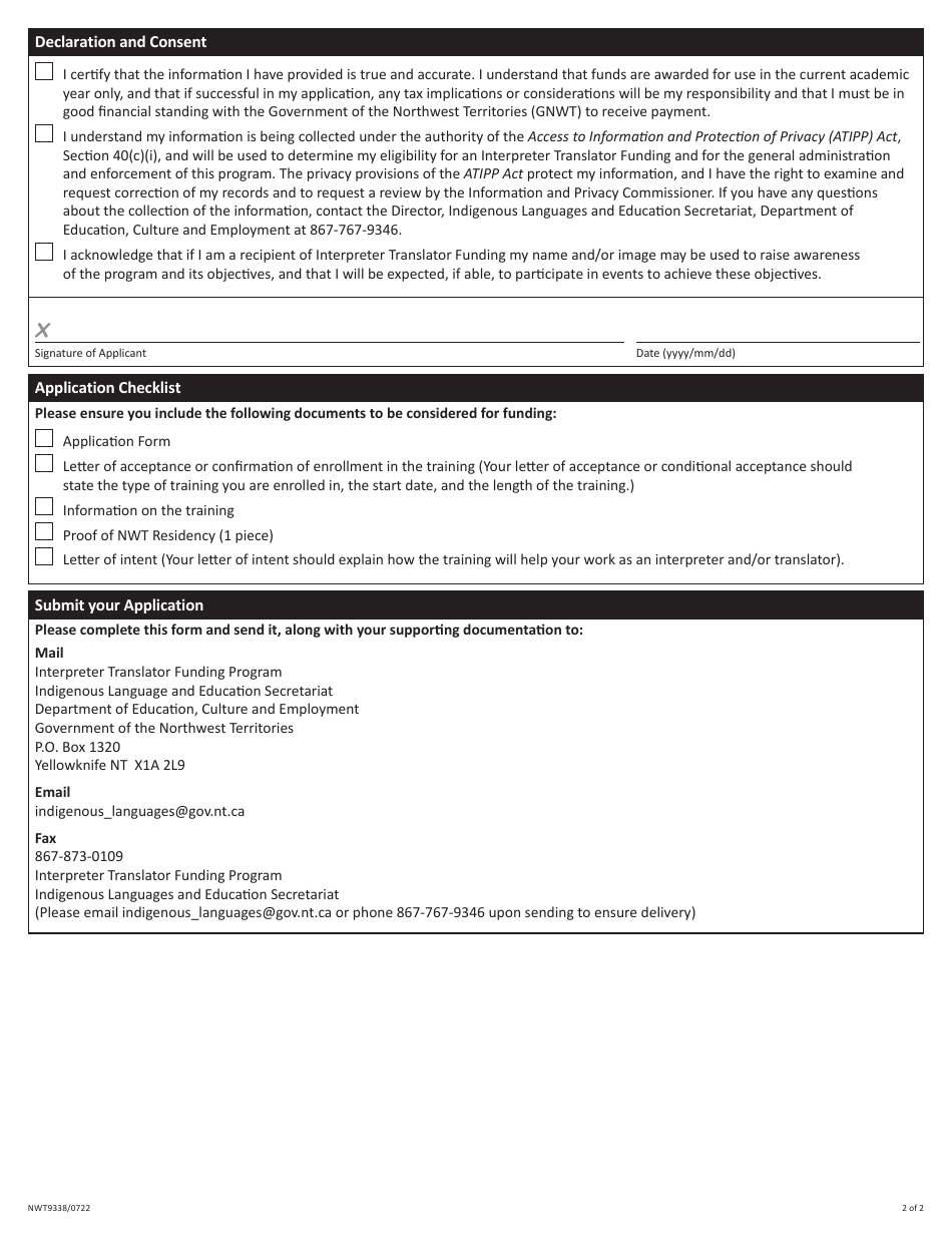 Form NWT9338 Application for Interpreter Translator Funding - Northwest Territories, Canada (English / French), Page 2
