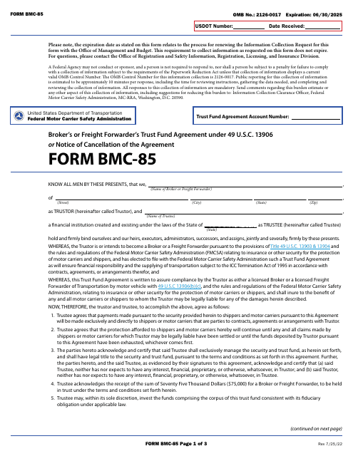 Form BMC-85 Broker's or Freight Forwarder's Trust Fund Agreement Under 49 U.s.c. 13906 or Notice of Cancellation of the Agreement