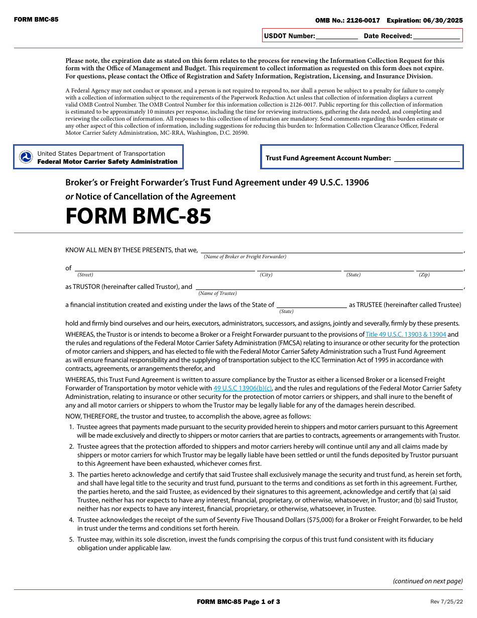 Form BMC-85 Brokers or Freight Forwarders Trust Fund Agreement Under 49 U.s.c. 13906 or Notice of Cancellation of the Agreement, Page 1