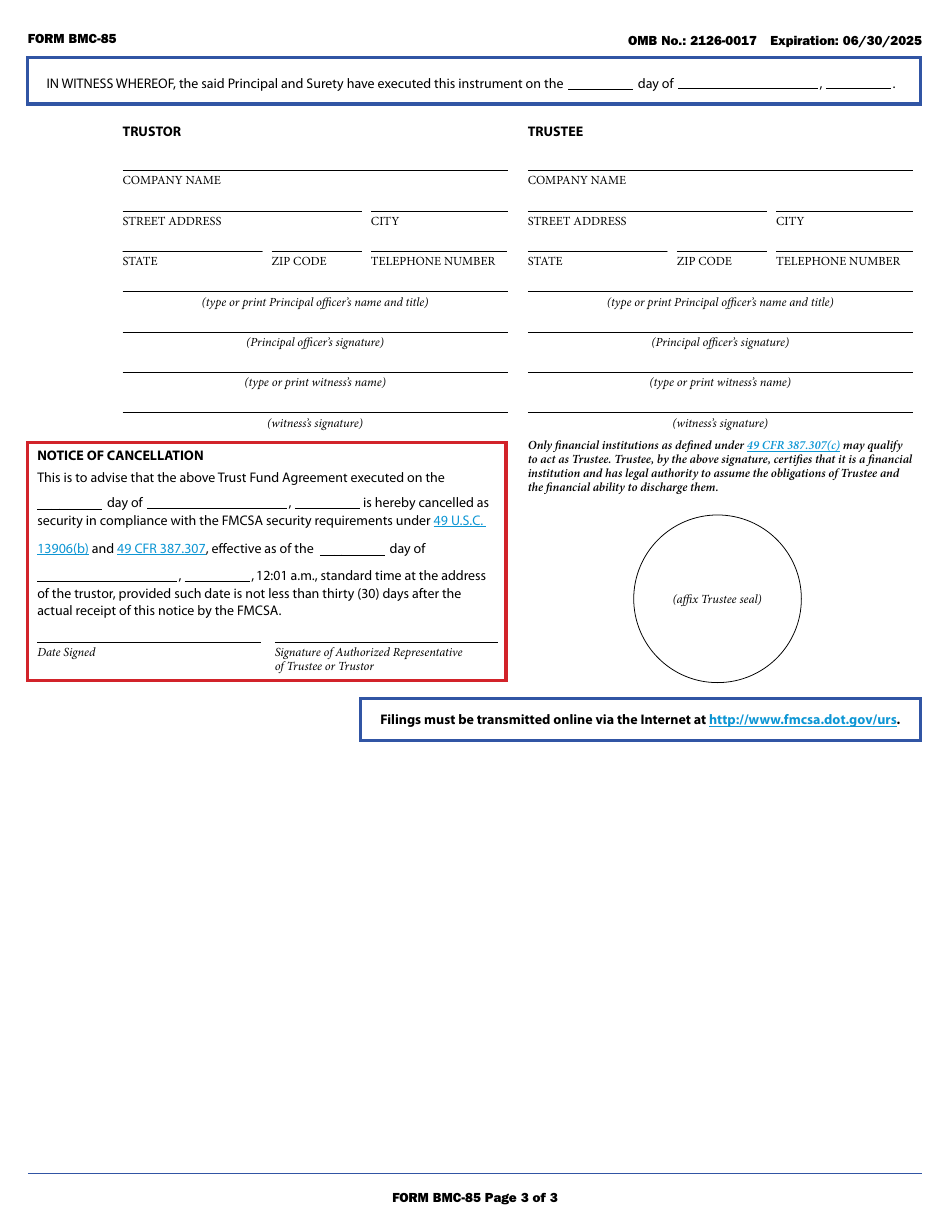 Form BMC-85 Brokers or Freight Forwarders Trust Fund Agreement Under 49 U.s.c. 13906 or Notice of Cancellation of the Agreement, Page 3