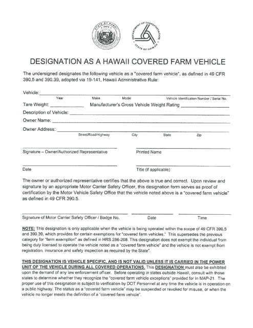 Designation as a Hawaii Covered Farm Vehicle - Hawaii