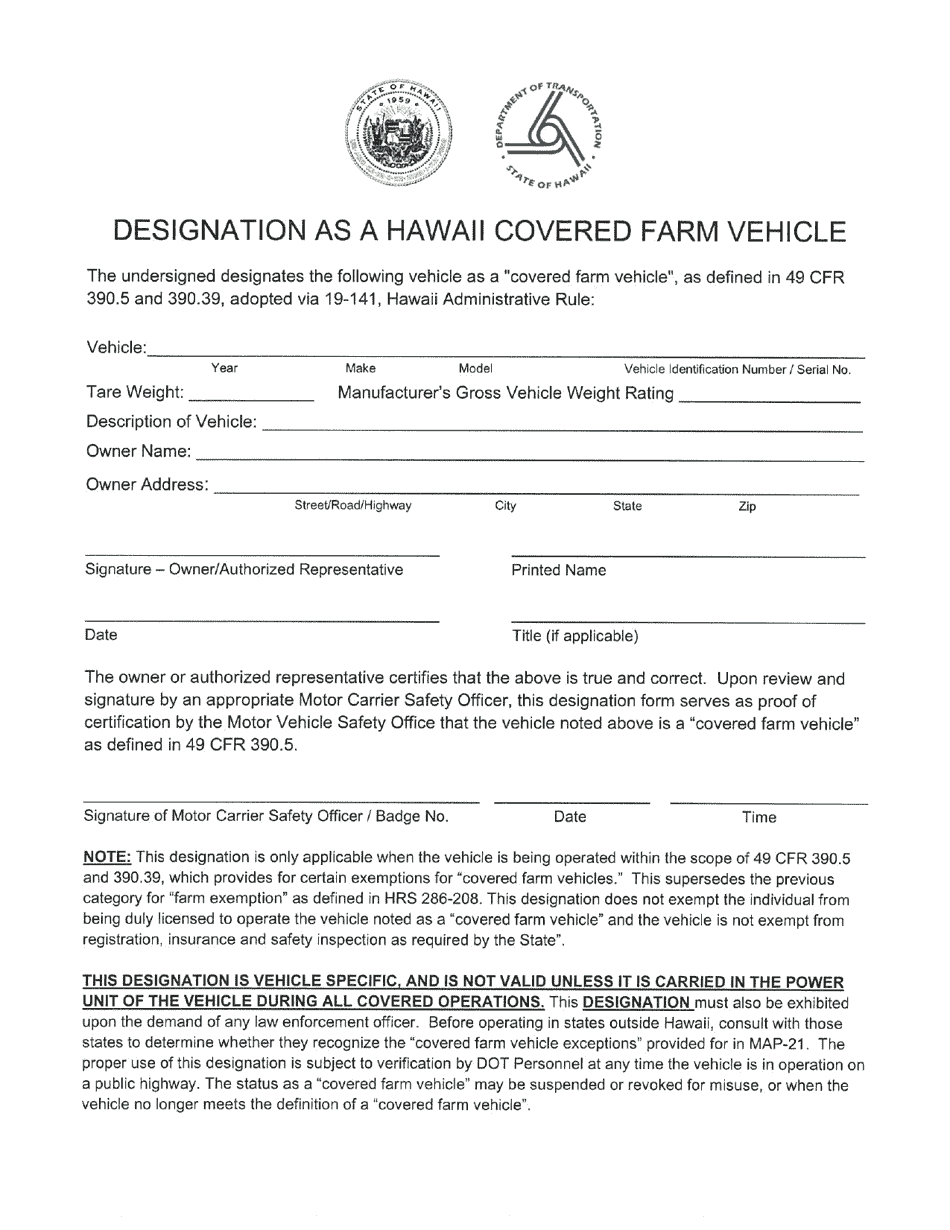 Designation as a Hawaii Covered Farm Vehicle - Hawaii, Page 1