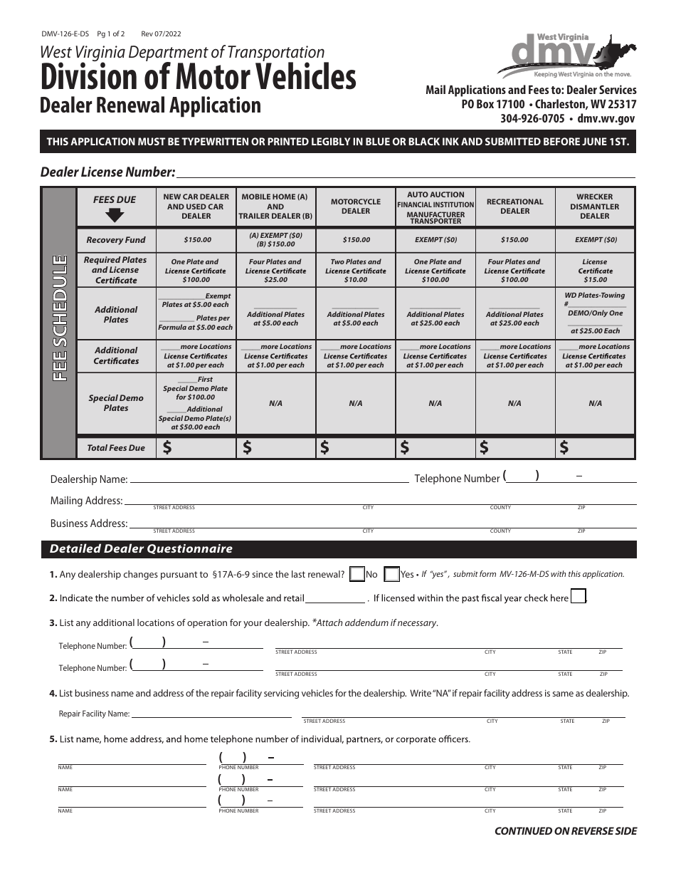 Form DMV-126-E-DS Dealer Renewal Application - West Virginia, Page 1