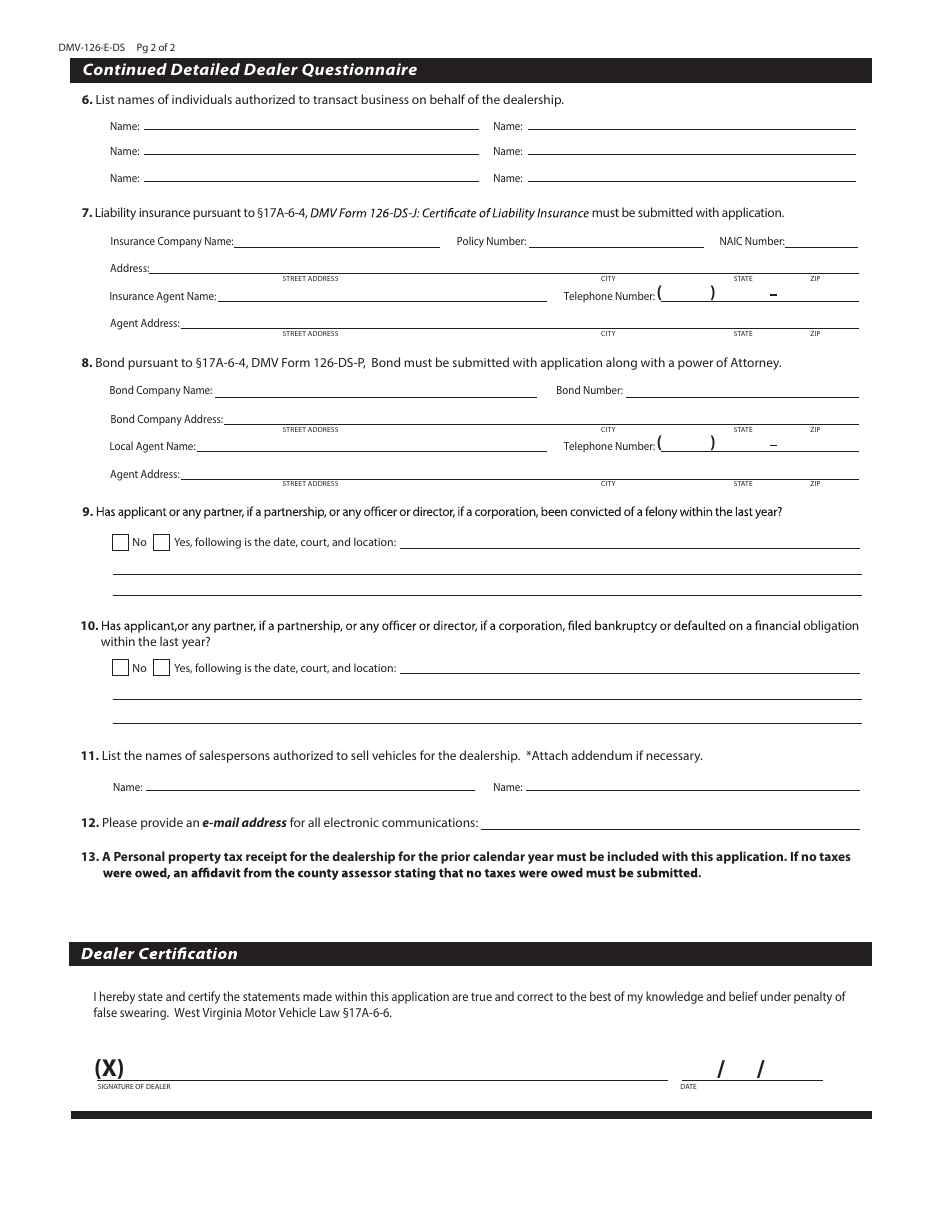 Form DMV-126-E-DS Dealer Renewal Application - West Virginia, Page 2