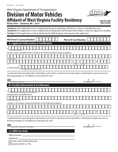 Form DMV-AFR-22 Affidavit of West Virginia Facility Residency - West Virginia