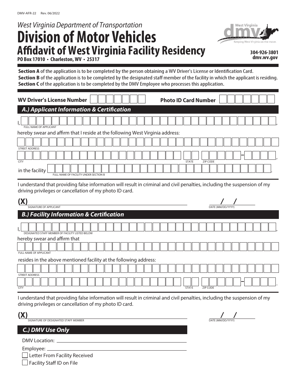 Form DMV-AFR-22 Affidavit of West Virginia Facility Residency - West Virginia, Page 1