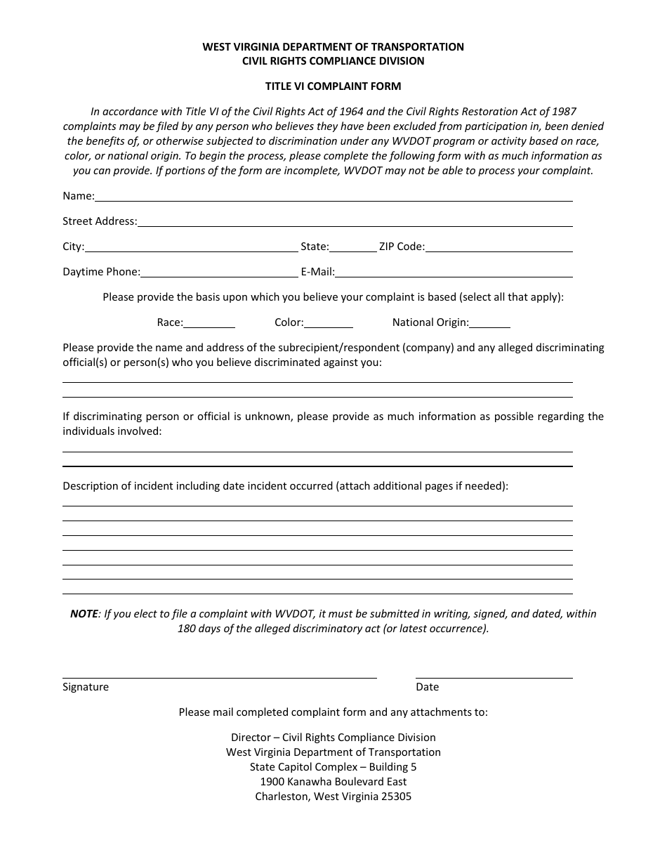 Title VI Complaint Form - West Virginia, Page 1