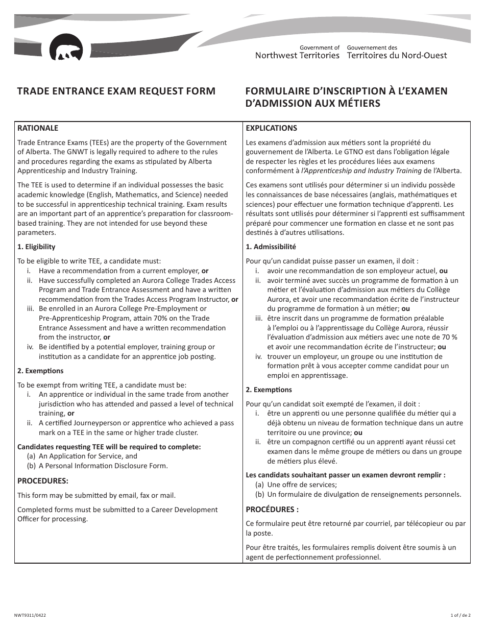 Form NWT9311 Trade Entrance Exam Request Form - Northwest Territories, Canada (English / French), Page 1