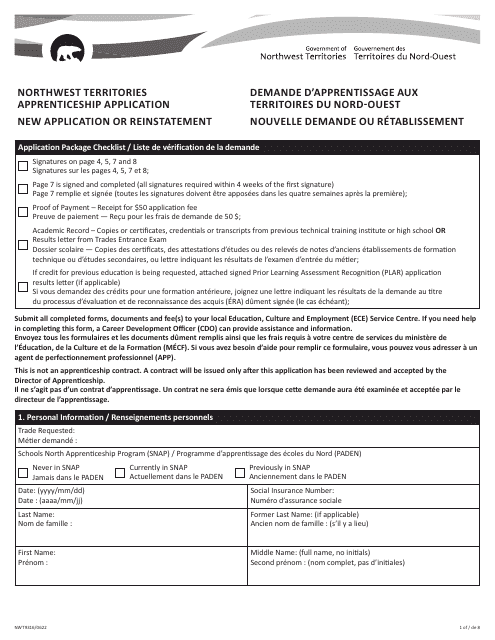 Form NWT9316 Northwest Territories Apprenticeship Application - New Application or Reinstatement - Northwest Territories, Canada (English/French)
