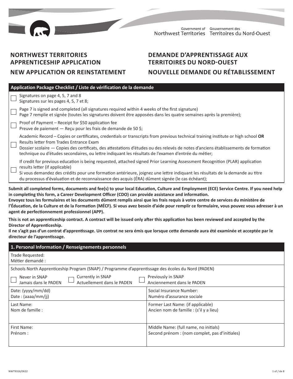 Form NWT9316 Northwest Territories Apprenticeship Application - New Application or Reinstatement - Northwest Territories, Canada (English / French), Page 1