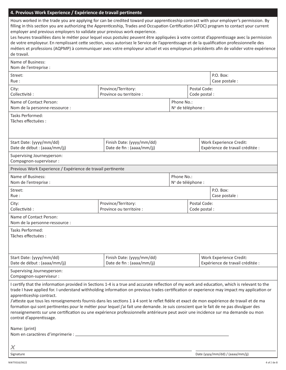 Form NWT9316 Northwest Territories Apprenticeship Application - New Application or Reinstatement - Northwest Territories, Canada (English / French), Page 4