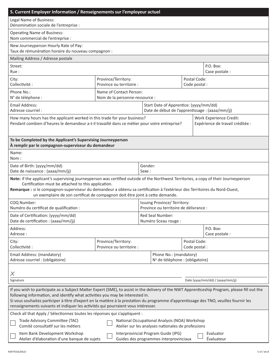 Form NWT9316 Northwest Territories Apprenticeship Application - New Application or Reinstatement - Northwest Territories, Canada (English / French), Page 5