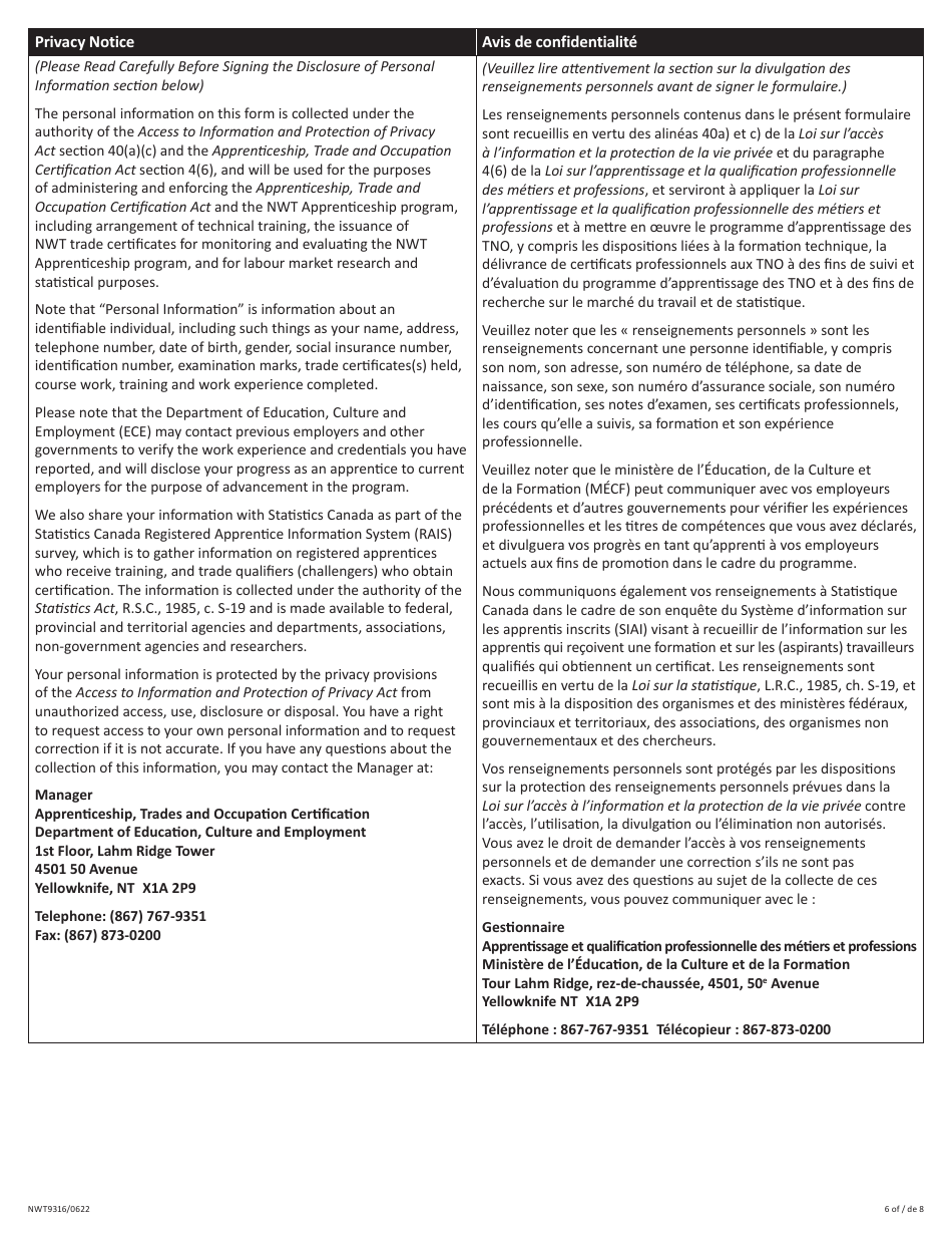 Form NWT9316 Northwest Territories Apprenticeship Application - New Application or Reinstatement - Northwest Territories, Canada (English / French), Page 6