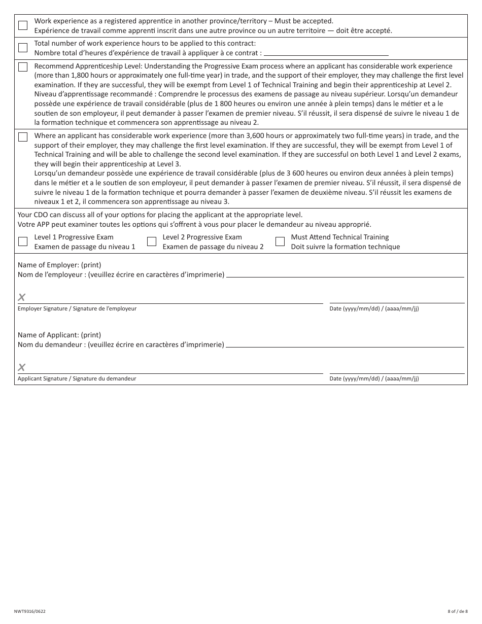 Form NWT9316 Northwest Territories Apprenticeship Application - New Application or Reinstatement - Northwest Territories, Canada (English / French), Page 8