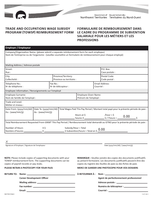 Form NWT9317 Reimbursement Form - Trade and Occupations Wage Subsidy Program (Towsp) - Northwest Territories, Canada (English/French)