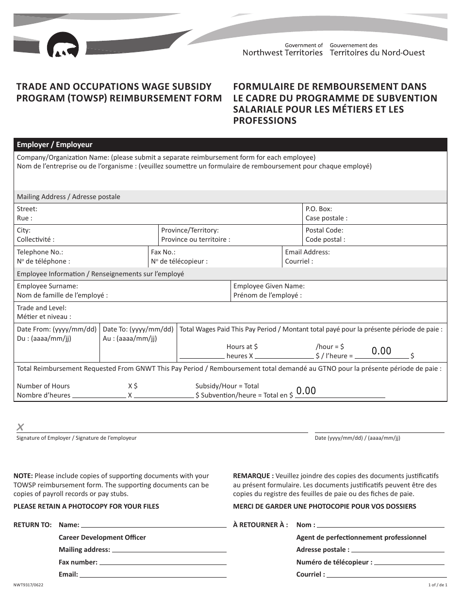 Form NWT9317 Reimbursement Form - Trade and Occupations Wage Subsidy Program (Towsp) - Northwest Territories, Canada (English / French), Page 1
