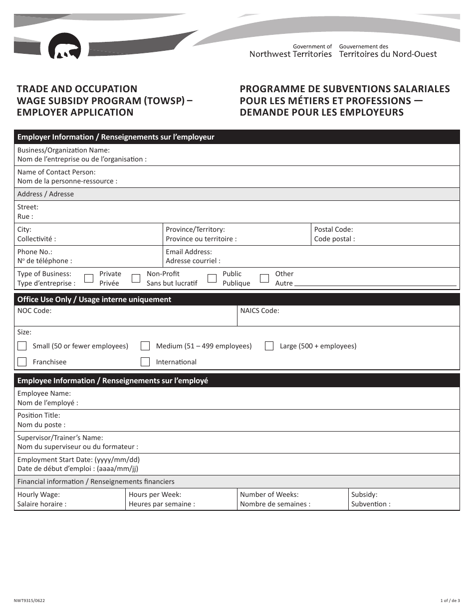 Form NWT9315 Employer Application - Trade and Occupation Wage Subsidy Program (Towsp) - Northwest Territories, Canada (English / French), Page 1
