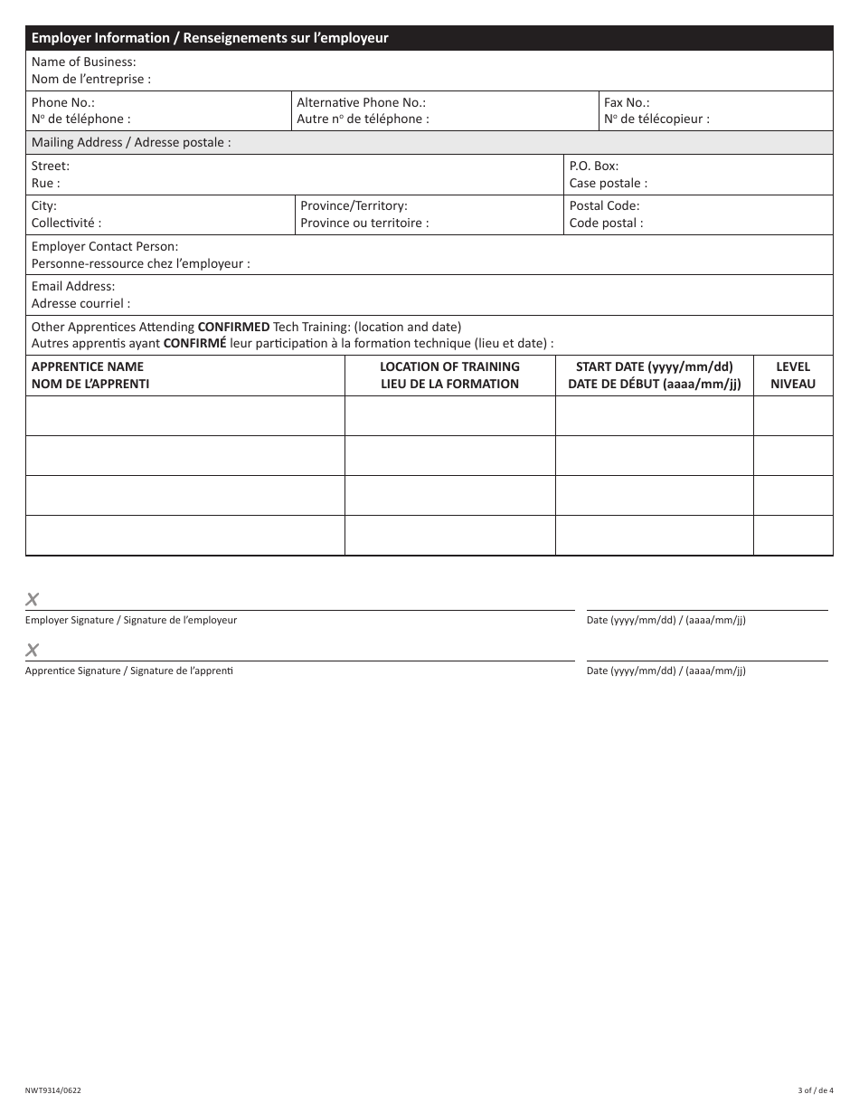 Form NWT9314 Employer Request Form for Southern Training - Northwest Territories, Canada (English / French), Page 3