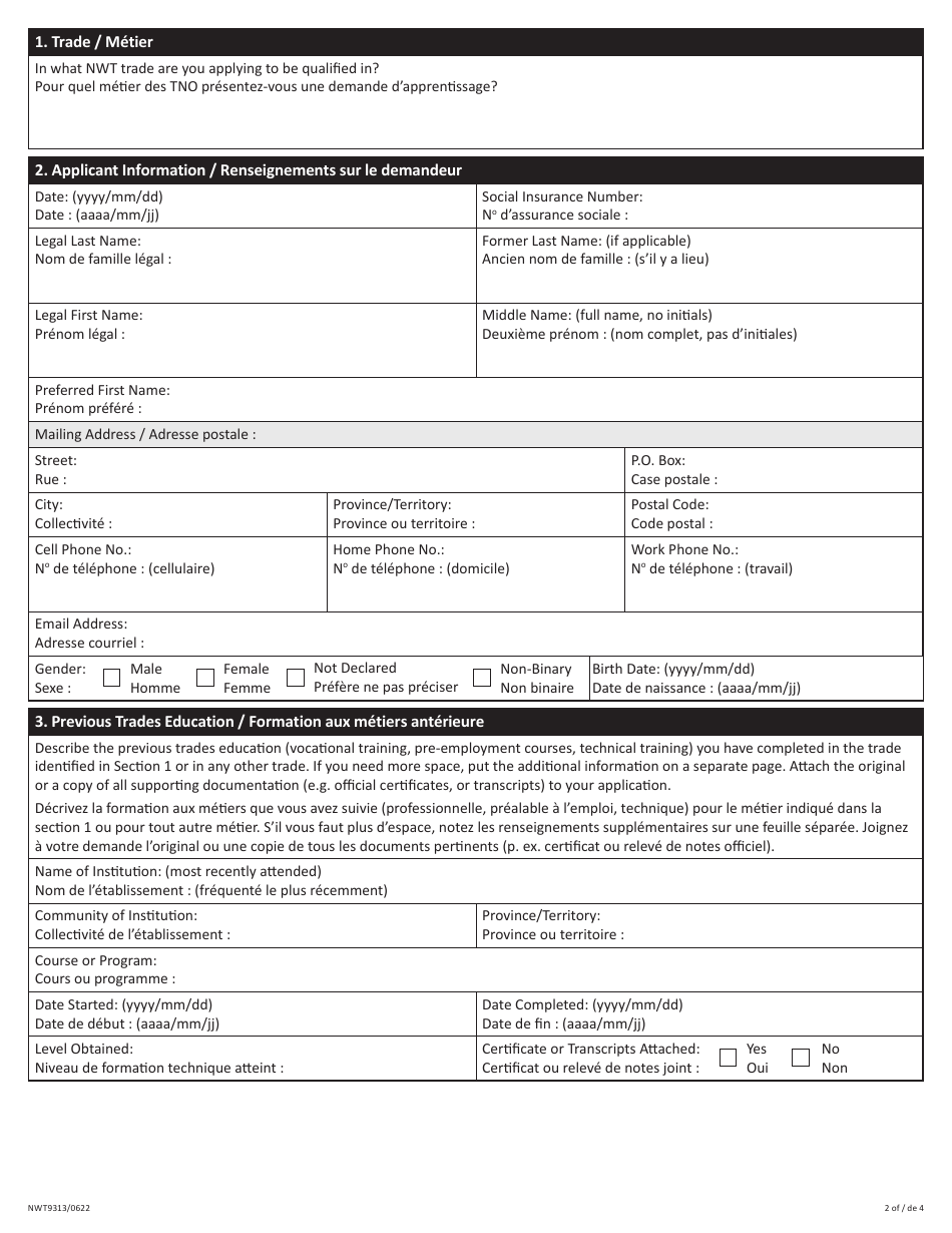 Form NWT9313 Prior Learning Assessment Recognition Application (Plar) - Northwest Territories, Canada (English / French), Page 2