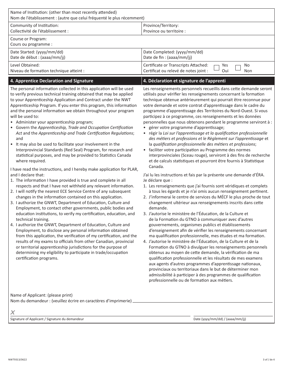 Form NWT9313 Prior Learning Assessment Recognition Application (Plar) - Northwest Territories, Canada (English / French), Page 3