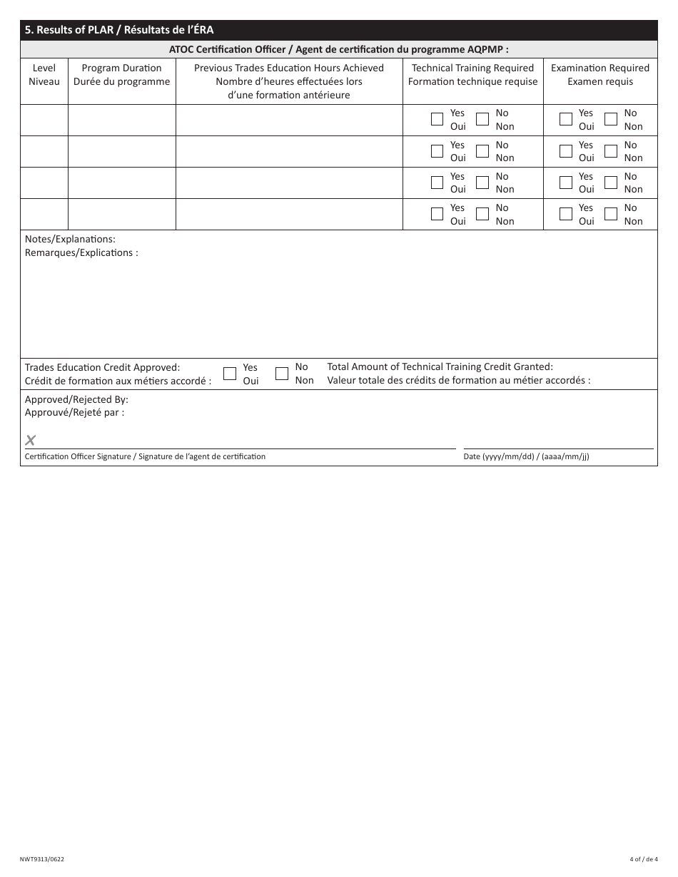 Form NWT9313 Prior Learning Assessment Recognition Application (Plar) - Northwest Territories, Canada (English / French), Page 4