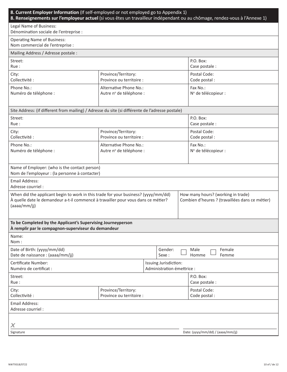 Form NWT9318 Trade Qualification and Designated Trainer Application - Northwest Territories, Canada (English / Finnish), Page 10
