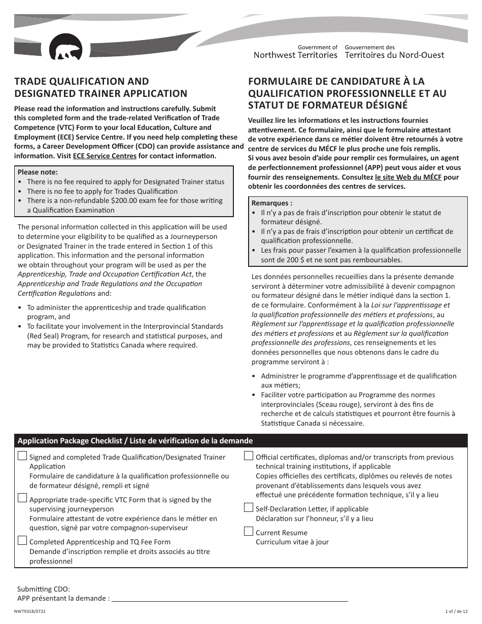 Form NWT9318 Trade Qualification and Designated Trainer Application - Northwest Territories, Canada (English / Finnish), Page 1