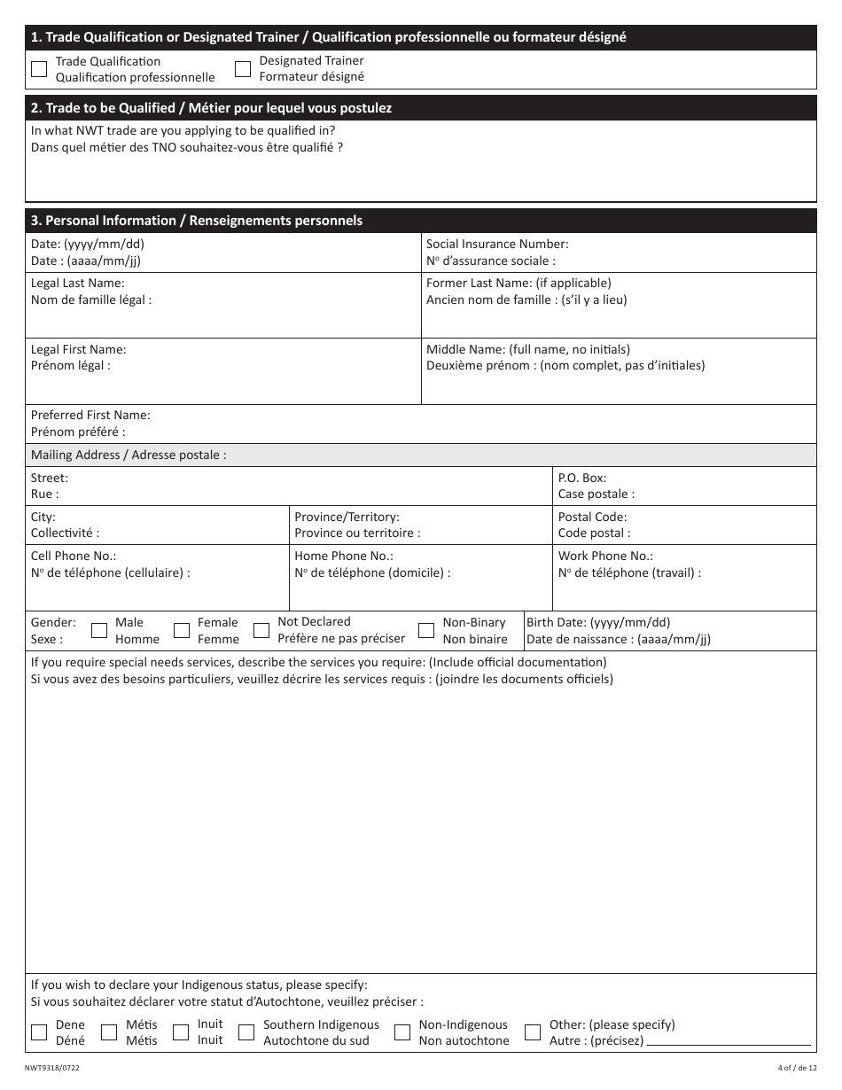 Form NWT9318 Trade Qualification and Designated Trainer Application - Northwest Territories, Canada (English / Finnish), Page 4