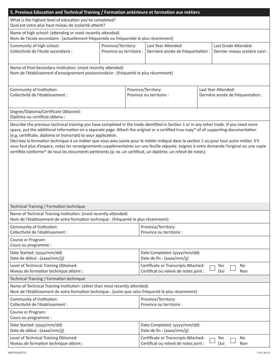 Form NWT9318 Trade Qualification and Designated Trainer Application - Northwest Territories, Canada (English / Finnish), Page 7