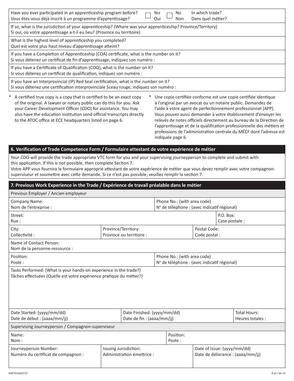 Form NWT9318 Trade Qualification and Designated Trainer Application - Northwest Territories, Canada (English / Finnish), Page 8