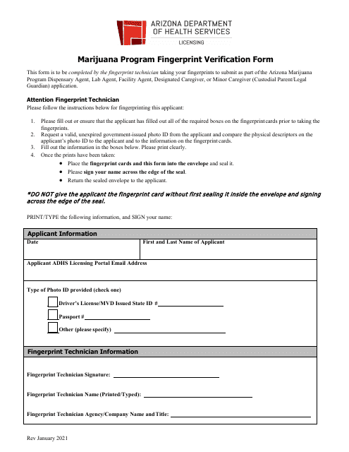 Marijuana Program Fingerprint Verification Form - Arizona Download Pdf