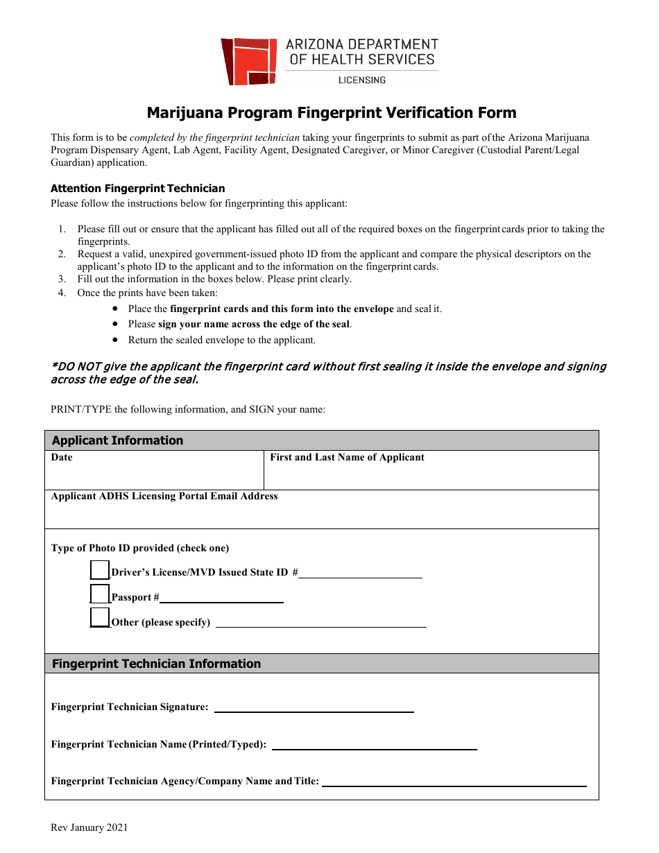 Marijuana Program Fingerprint Verification Form - Arizona, Page 1