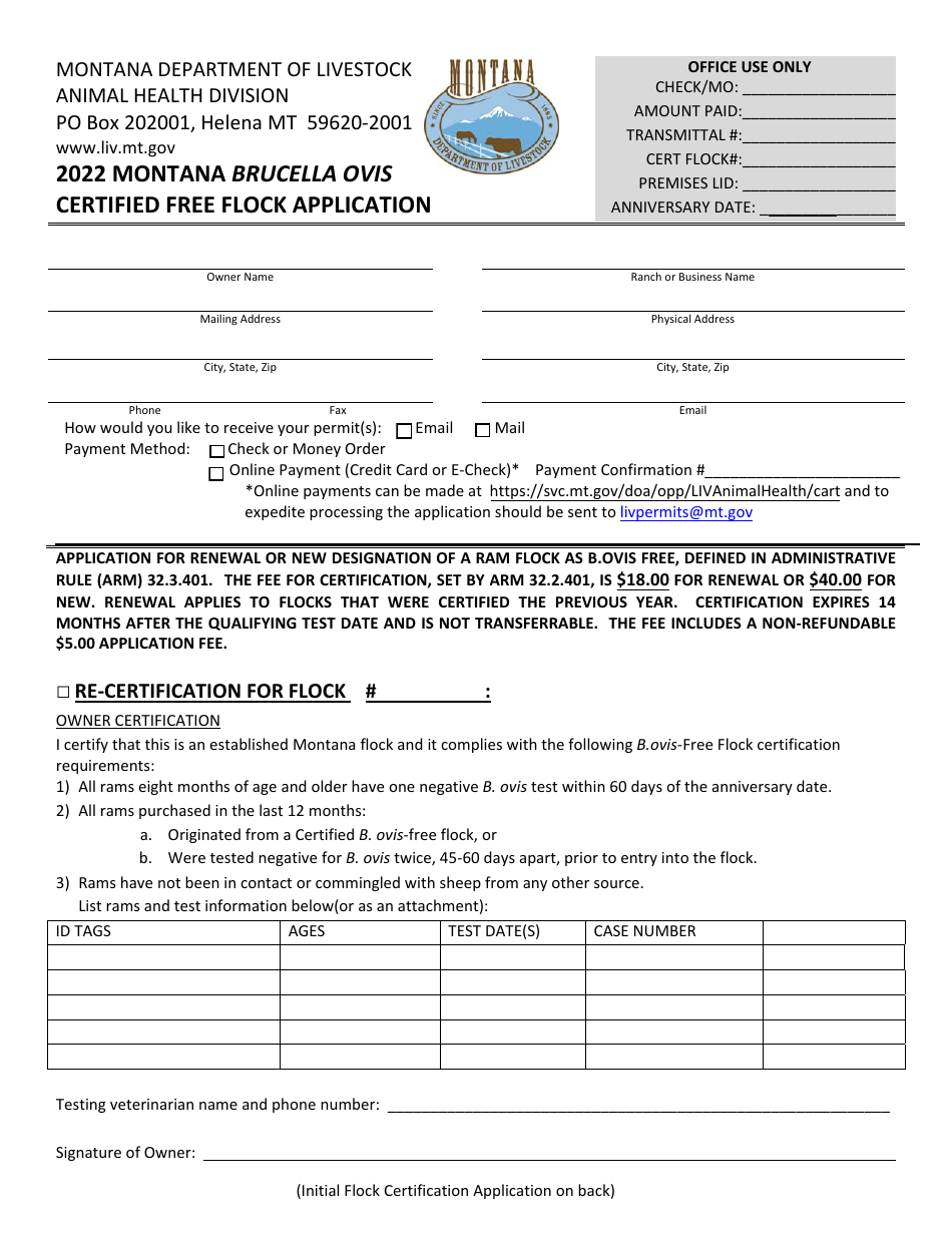 Montana Brucella Ovis Certified Free Flock Application - Montana, Page 1