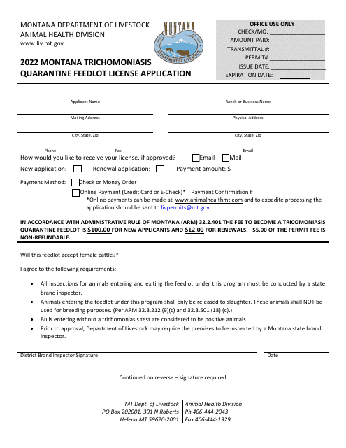 Montana Trichomoniasis Quarantine Feedlot License Application - Montana Download Pdf