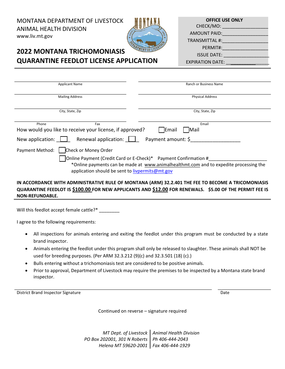 Montana Trichomoniasis Quarantine Feedlot License Application - Montana, Page 1