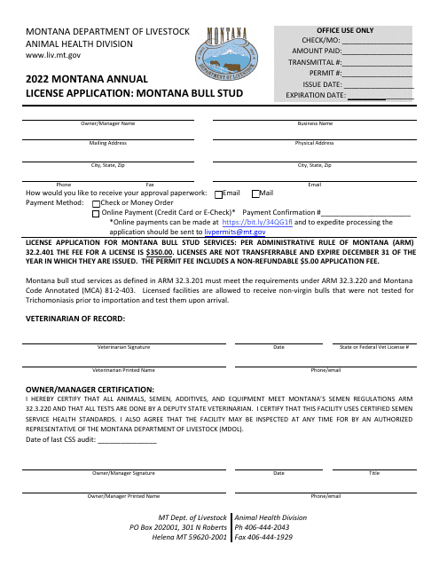 Montana Annual License Application: Montana Bull Stud - Montana Download Pdf