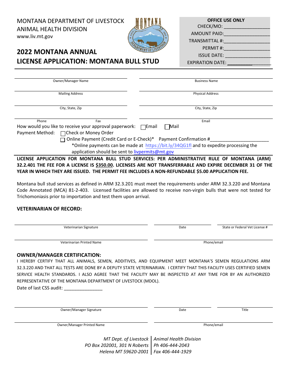 Montana Annual License Application: Montana Bull Stud - Montana, Page 1