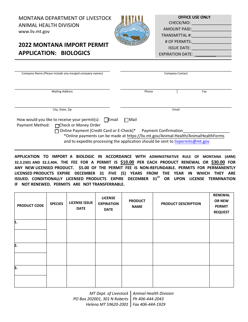 Montana Import Permit Application: Biologics - Montana, Page 1