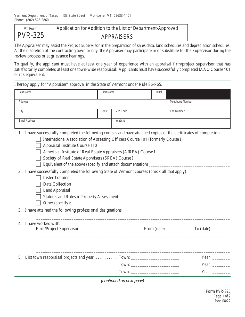 VT Form PVR-325 Application for Addition to the List of Department-Approved Appraisers - Vermont, Page 1