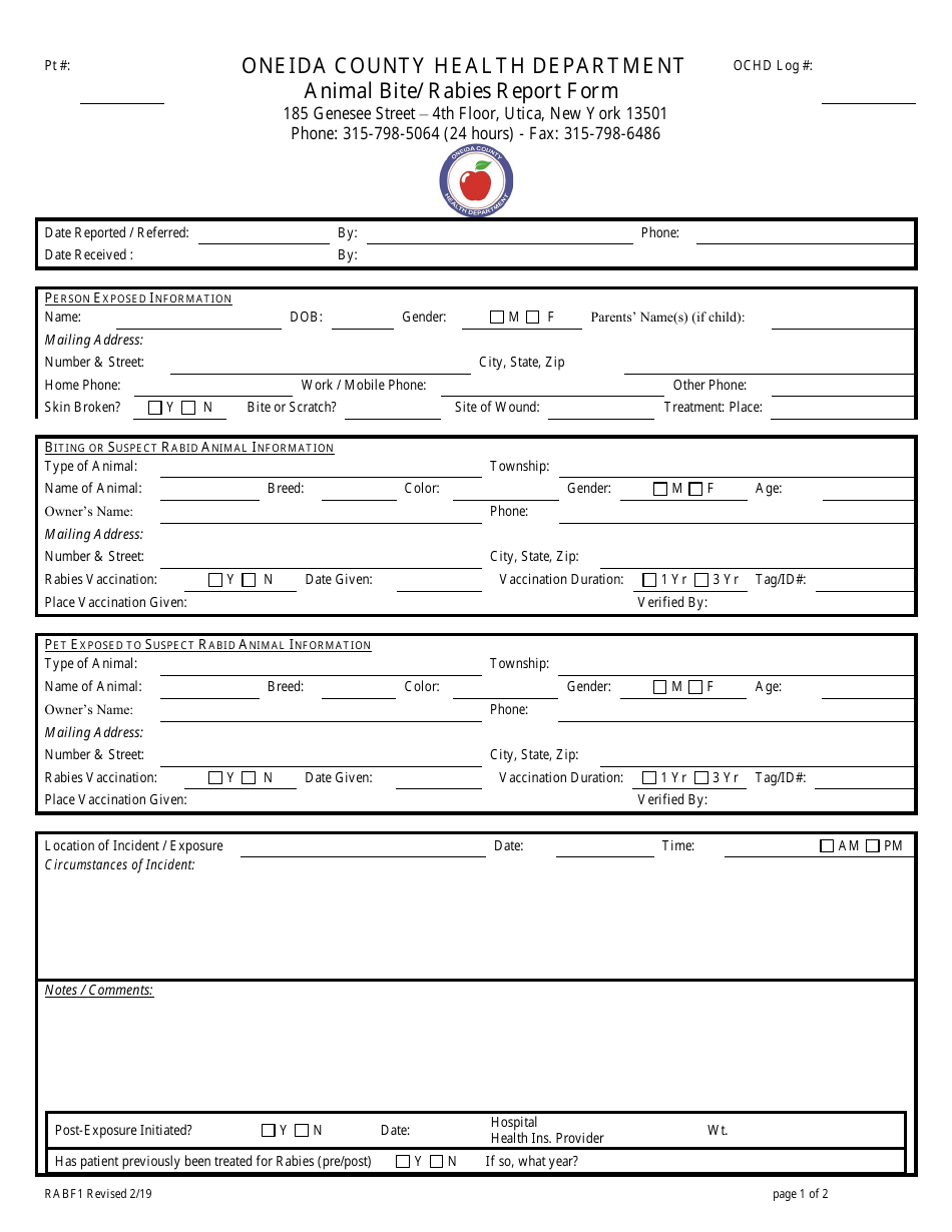 Form RABF1 Animal Bite / Rabies Report Form - Oneida County, New York, Page 1