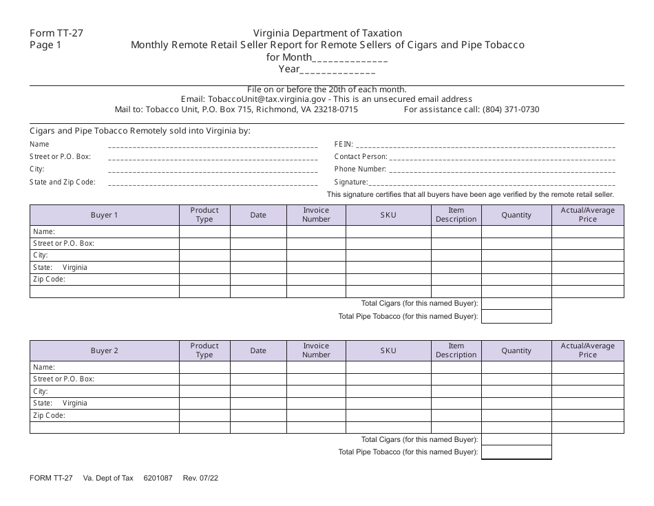 Form TT-27 Monthly Remote Retail Seller Report for Remote Sellers of Cigars and Pipe Tobacco - Virginia, Page 1