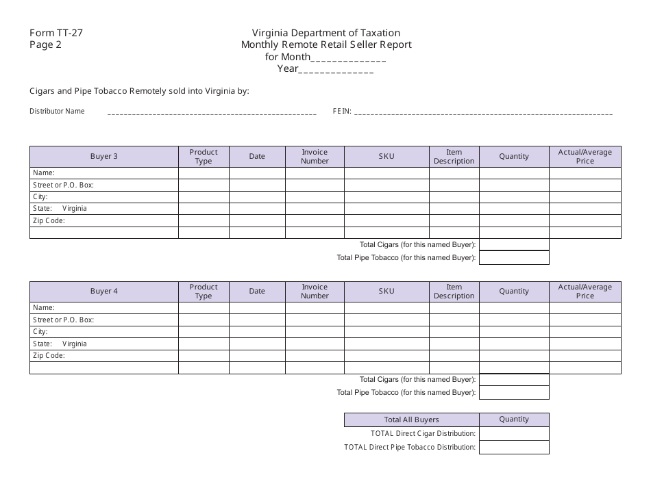 Form TT-27 Monthly Remote Retail Seller Report for Remote Sellers of Cigars and Pipe Tobacco - Virginia, Page 2